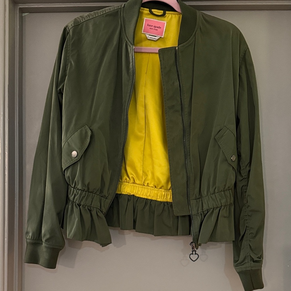 Kate Spade Olive Bomber Jacket with Sunny Yellow Lining